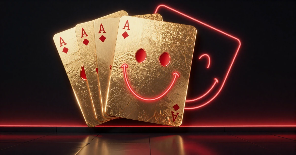 Jokery Casino Joker-Maskottchen mit Neon-Kontur-L&auml;cheln und goldener Karte auf schwarzem Hintergrund